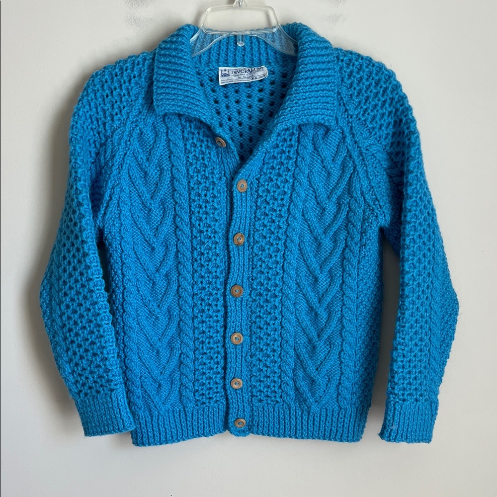 INVERALLAN Hand Knit Fisherman Sweater Cardigan Blue Scotland Wool Women's Small